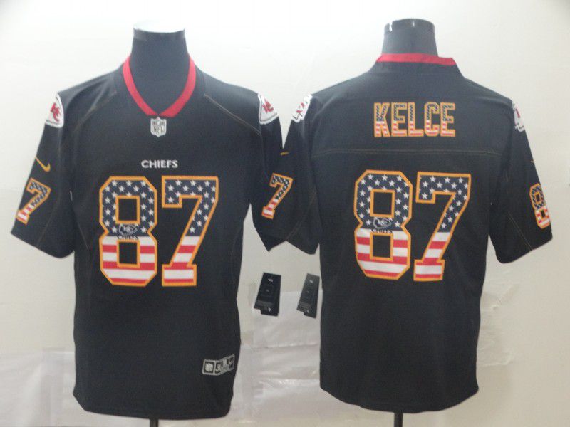 Men Kansas City Chiefs 87 Kelce Nike USA Flag Fashion Black Color Rush Limited Jersey